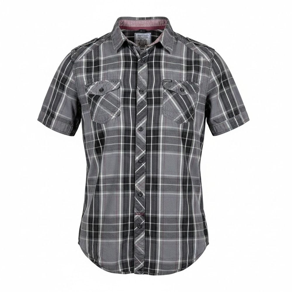 Buffalo David Bitton Mens Grey Black Plaid Short Sleeve Button Down Shirt Size M